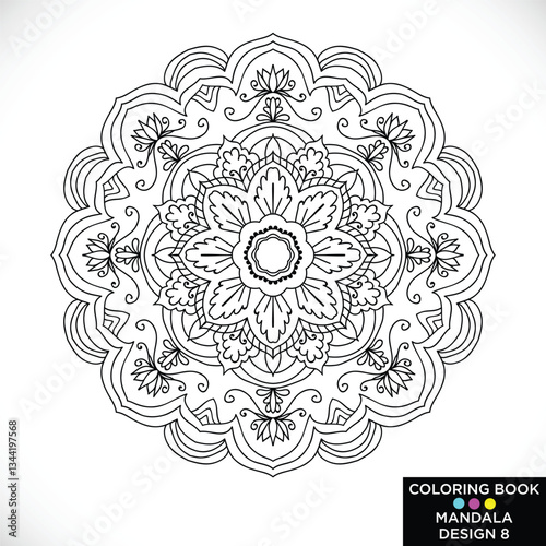 Mandala Round floral ornament isolated on white background Decorative design element Black and white outline vector illustration for coloring book print on Tshirt and other items