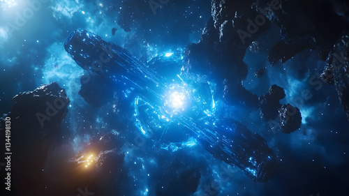 Mysterious glowing energy portal with electric blue lightning in a dark cavern