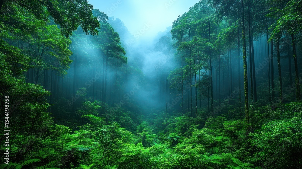 Obraz premium Mystical misty forest with lush green vegetation and tall trees.