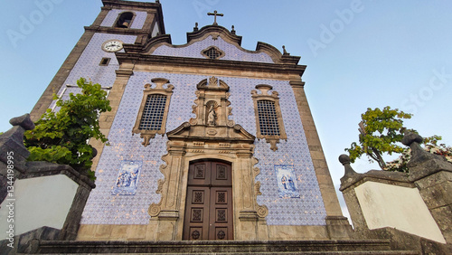 A church in Portugal covered with blue tiles in the city of São João de Madeira. The concept of traveling Europe, tourism,