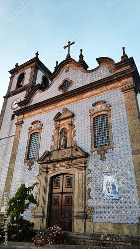 A church in Portugal covered with blue tiles in the city of São João de Madeira. The concept of traveling Europe, tourism,