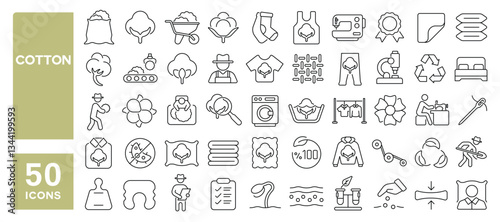 Set of 50 line icons related to cotton, organic, textile, cotton plant, cotton farming, fluffy, softness, purity, eco, pillow, mattress, cotton clothes, Editable stroke. Vector illustration
