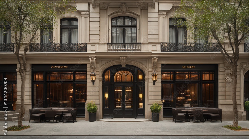 Elegant Hotel Entrance with Beige Stone Facade and Dark Brown Doors Elegant Hotel Entrance with Beige Stone Facade and Dark Brown Doors