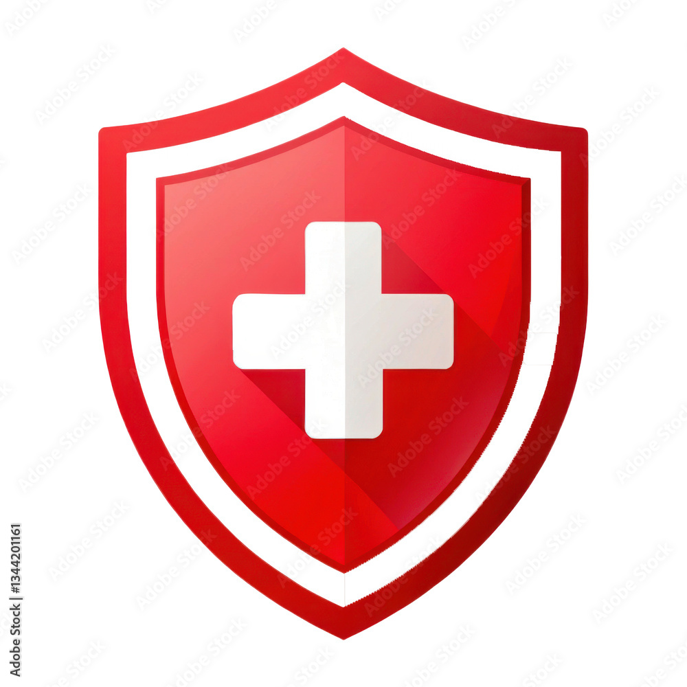 Red shield icon featuring medical symbols on transparent background Red shield icon featuring medical symbols on transparent background