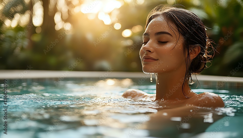 Obraz premium Young Hispanic woman relaxing in swimming pool at sunset with eyes closed, water droplets on face, peaceful expression, golden hour lighting creates serene atmosphere.