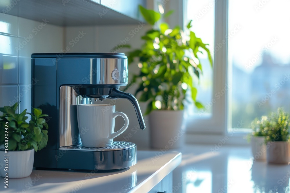 Smart coffee maker in modern kitchen with natural light and copy space Smart coffee maker in modern kitchen with natural light and copy space