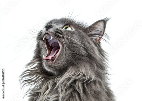Majestic gray cat with open mouth in a dynamic pose against a white background