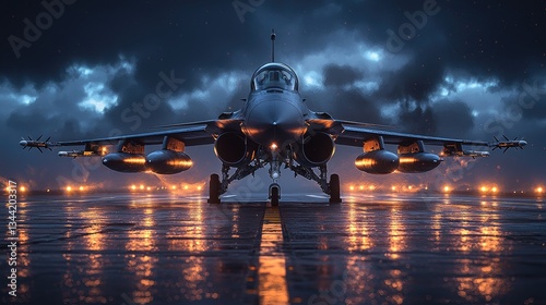 Fighter jet on runway at dusk, illuminated by runway lights, dramatic clouds