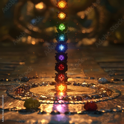 A vibrant energy column descends, showcasing seven radiant chakra stones aligned perfectly in a mystical golden circular setting, illuminating the dark background with ethereal