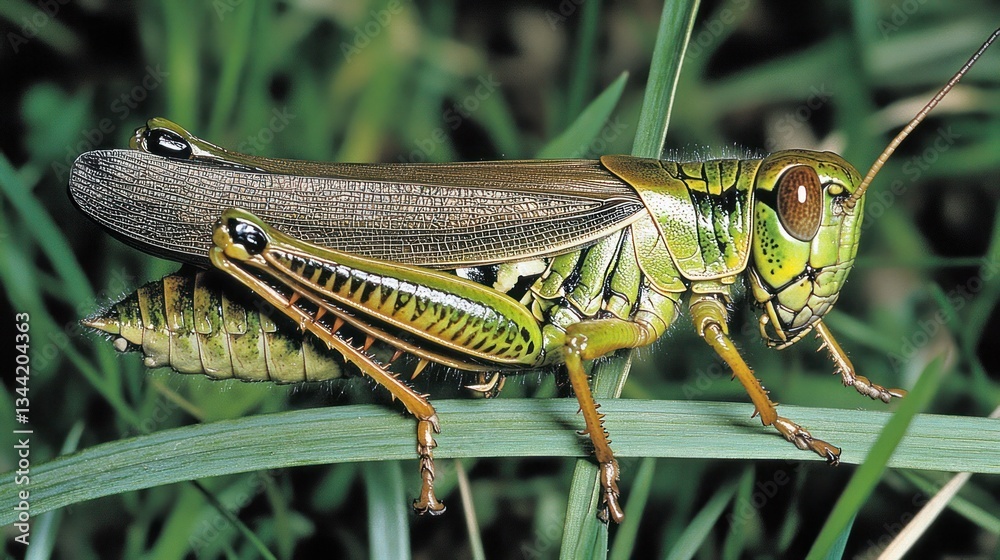 Grasshopper resting on blade, green grass background, macro shot, nature Grasshopper resting on blade, green grass background, macro shot, nature