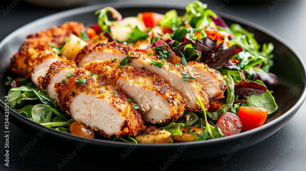 Crispy breaded chicken cutlets served on a fresh mixed green salad with vegetables and herbs in a black plate.