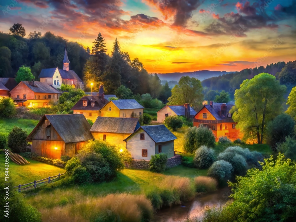 Fototapeta premium Soft Painted Documentary Photography: A Rural Village Scene at Dusk