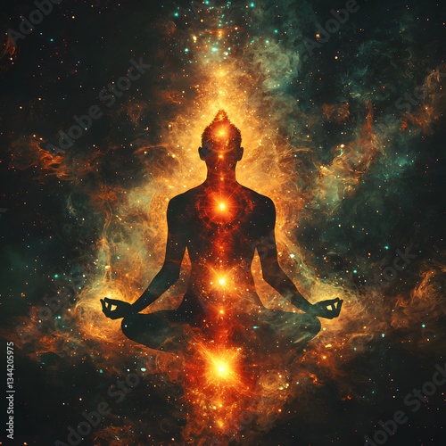 A serene figure in lotus posture meditates amidst a vibrant cosmic nebula showcasing energy centers aligned with a radiant light beam emanating from the crown chakra.