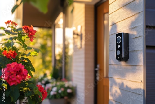 Smart doorbell on front door with ambient lighting and negative space on left