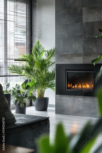 Stylish living room interior with an electric fireplace, modern interior design and house plants.