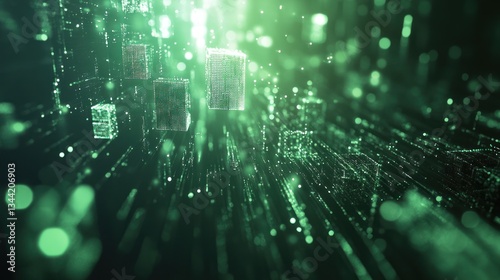 Abstract digital cubes, green light, futuristic city, particles flying