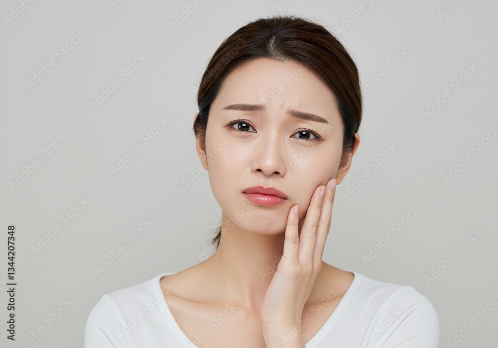 Asian Woman with Toothache, Touching Cheek in Pain Asian Woman with Toothache, Touching Cheek in Pain