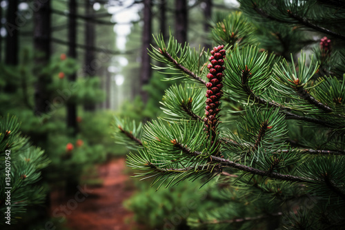 A portrayal of a verdant pine woodland, adorned with towering evergreens that grace a colorful backdrop, while redolence of pine needles permeates atmosphere