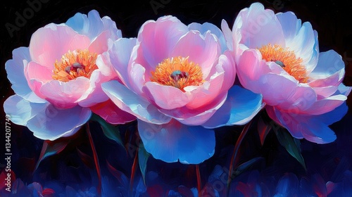 Vibrant pink peonies painted in bold strokes against a dark background. Ideal for projects needing elegance, beauty, or artistic flair.