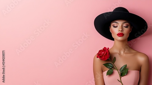 Woman with a black hat and red lips poses elegantly against a dark gray background, showcasing a striking rose on her chest