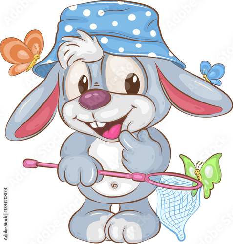 Cartoon bunny and butterflies. Cute Easter bunny with a net and butterflies. Positive and unique design. Easter bunny mascot.