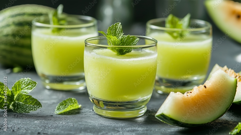 Refreshing honeydew melon cocktails in clear glasses, garnished with mint leaves.
