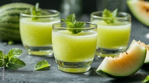 Obraz na płótnie Refreshing honeydew melon cocktails in clear glasses, garnished with mint leaves. w salonie