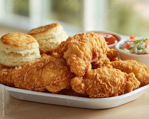 A delicious plate of golden fried chicken served with biscuits and fresh salsa.