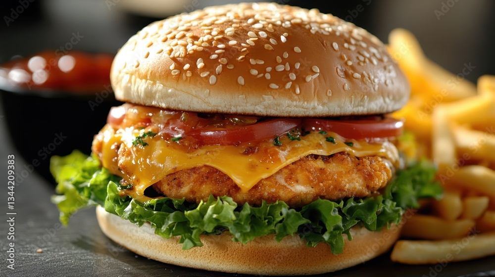 Delicious chicken burger with cheese, lettuce, tomato, and fries on a dark background. Delicious chicken burger with cheese, lettuce, tomato, and fries on a dark background.
