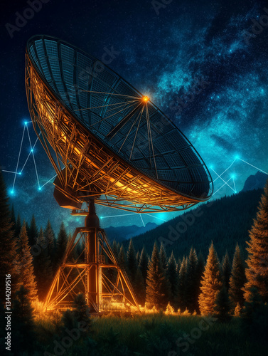 Cosmic Communication: A giant satellite dish stands poised against a starry night sky, illuminated with an ethereal glow, connecting with the cosmos.