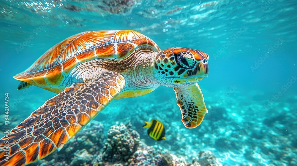 Obraz premium Vibrant sea turtle swimming gracefully through clear turquoise waters with coral