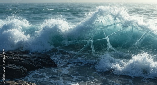 Fototapeta Naklejka Na Ścianę i Meble -  Dramatic Ocean Wave Crashing on Rocky Coastline Stunning Seascape Photography