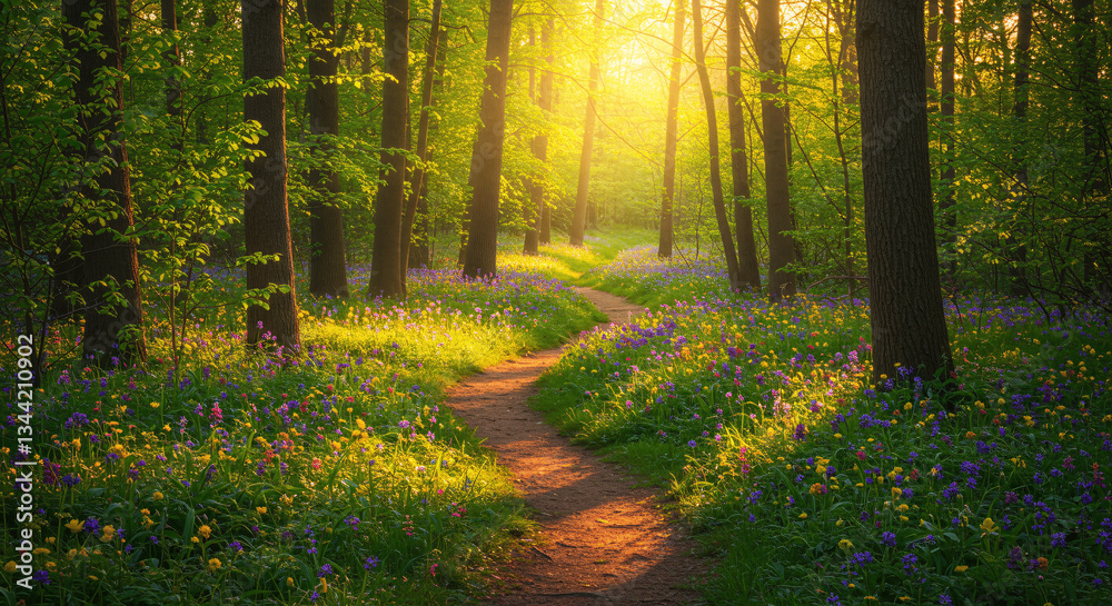 Obraz premium Sunlit forest path surrounded by blooming flowers representing Spring magic