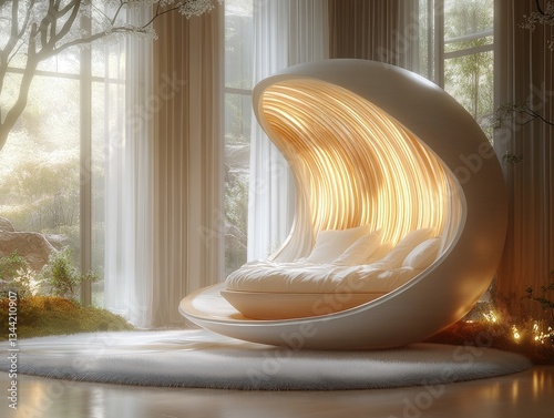 Modern, curved bed with warm lighting, nestled in a serene room. Illustrates luxurious, tranquil bedroom design for interior design projects.