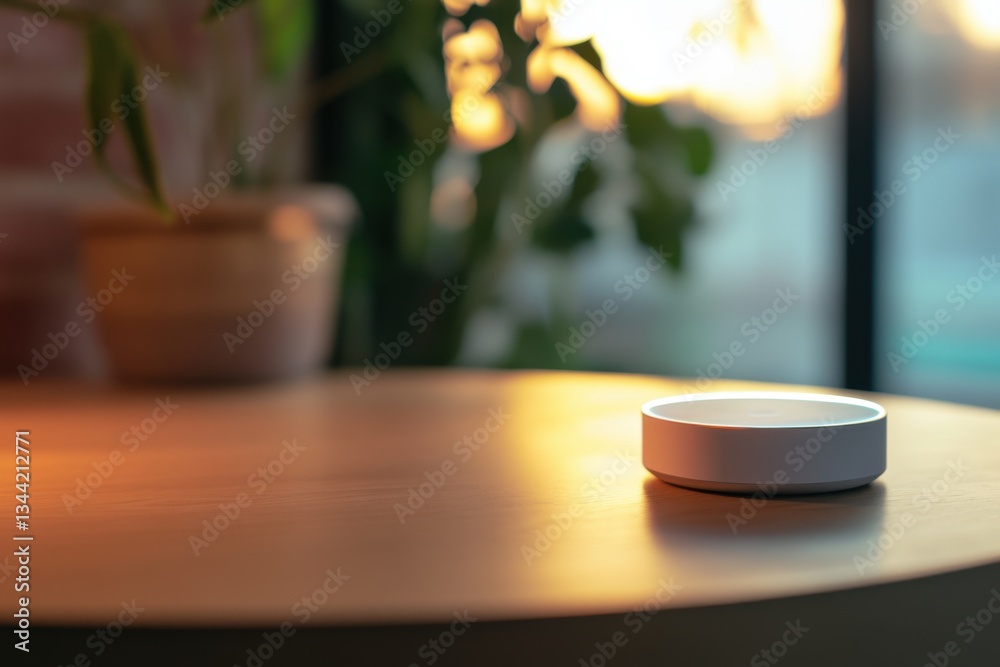 Smart hub on table with clean design and ambient lighting and copy space above Smart hub on table with clean design and ambient lighting and copy space above