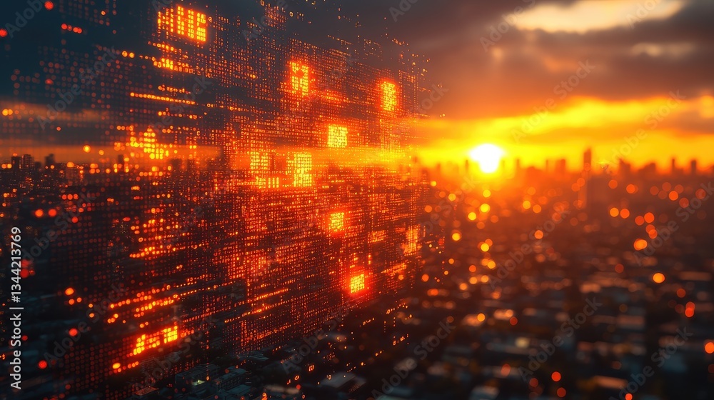 Naklejka premium Sunset city wall of code