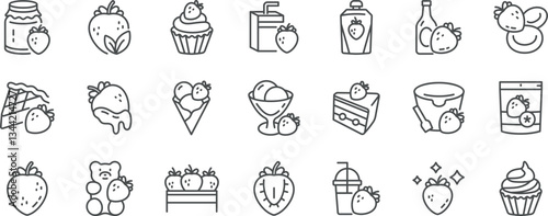 Strawberry Products Vector Icons Set. Jam, Juice, Yogurt, Sauce, Ice Cream, Fresh Berries, Organic Food, Farming, Packaged Goods, Dried Snacks, Smoothie, Sweet Desserts, Strawberry Flavoured Sweets