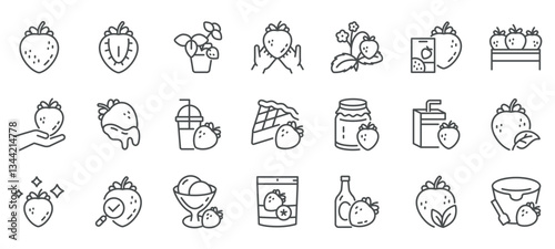 Strawberry Products Icons. Strawberry Jam, Bottle, Sauce, Cupcake, Candy, Dried Strawberry Fruit, Puree, Pouch, Cup, Editable Linear Strawberry Collection
