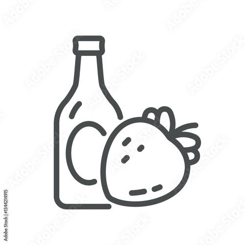 Strawberry Syrup Icon. Line Illustration of a Bottle of Strawberry Syrup with Fresh Fruit, Representing Sweet Sauces and Dessert Toppings. Strawberry Wine Bottle.
