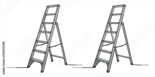 ladder,stepladder, continuous single line illustration of a ladder and stepladder, created using a continuous single line art technique. The minimalist hand-drawn sketch captures the simple.
