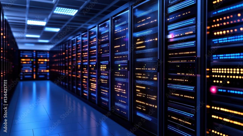 Rows of illuminated server racks in a long dark corridor within a modern data center showcasing advanced technology and efficient digital infrastructure design Rows of illuminated server racks in a long dark corridor within a modern data center showcasing advanced technology and efficient digital infrastructure design