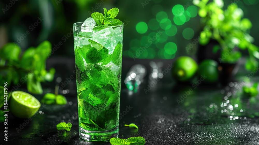 Lemon Juice with Mint Leaves and Lemon Slices on Table Against Green Background Lemon Juice with Mint Leaves and Lemon Slices on Table Against Green Background