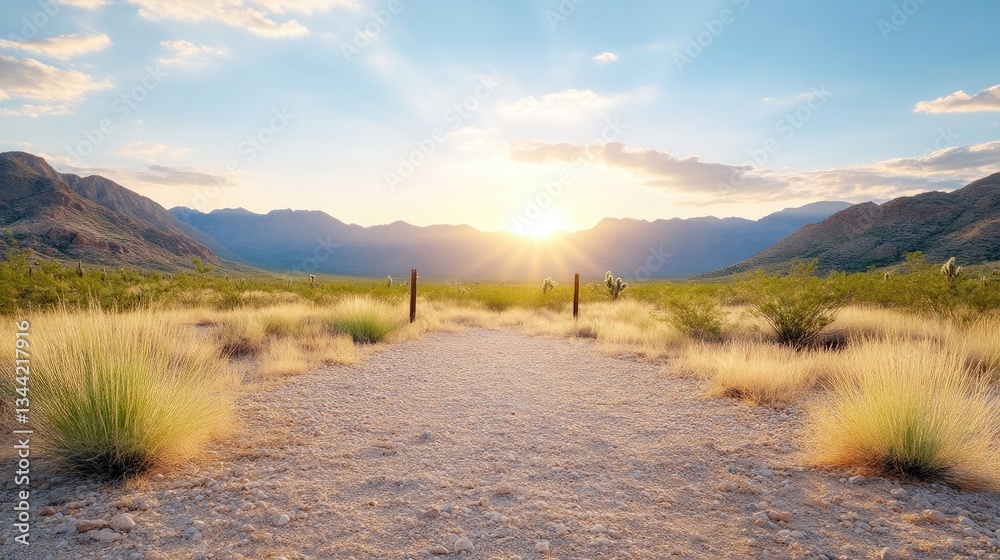 A scenic dirt path leads through a dry desert landscape toward a setting sun, with mountains in the background. Yellow-tan grasses and scrub brush line the path.