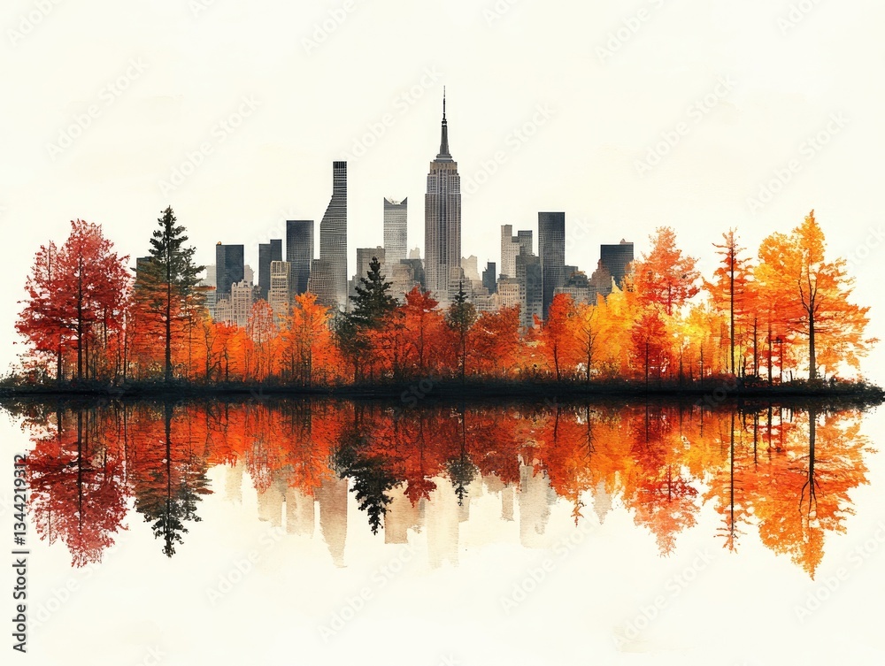 Obraz premium NYC skyline reflected in autumnal lake. Perfect for travel, nature, and autumn themes.