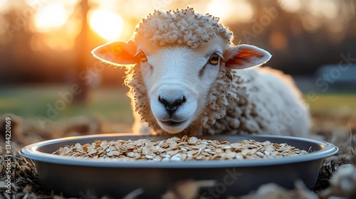 A sheep is eating from a bowl of food