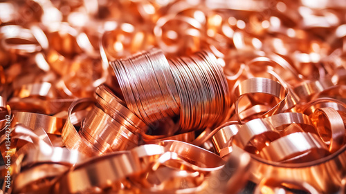 Pile of shiny copper shavings and coiled copper wire, reflecting light and creating rich metallic texture. Ideal for themes related to recycling, metalworking, industrial processes, raw materials