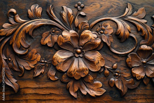 Beautiful detailed wood carving featuring floral patterns and elaborate leaves