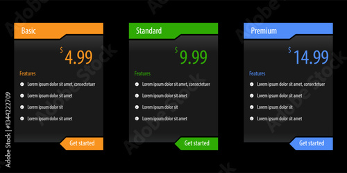 simple flat design template pricing table subscription plans with dark theme