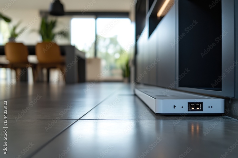 Smart power strip on floor with ambient lighting and negative space on right Smart power strip on floor with ambient lighting and negative space on right