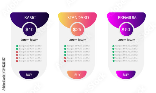 pricing table template subscription plans with gradient for apps and web